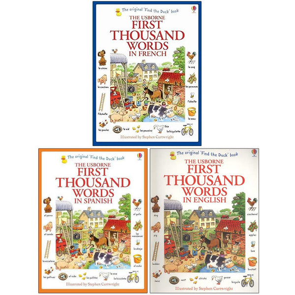 Usborne First Thousand Words Collection 3 Books Set By Heather Amery (First Thousand Words in French, First Thousand Words in Spanish, First Thousand Words in English)