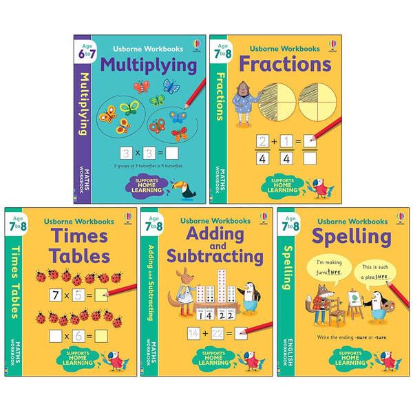 Usborne Workbooks Home Learning Age 6-8 Collection 5 Books Set by Bathie Holly & Bingham Jane (Fractions, Times Tables, Adding and Subtracting, Spelling & Multiplying)