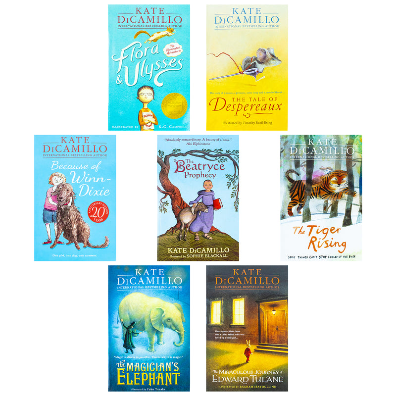 Kate Dicamillo Collection 7 Books Box Set (The Miraculous Journey of Edward Tulane, Magician's Elephant, Tiger Rising, Beatryce Prophecy, Because of Winn-Dixie, Tale of Despereaux & Flora & Ulysses)