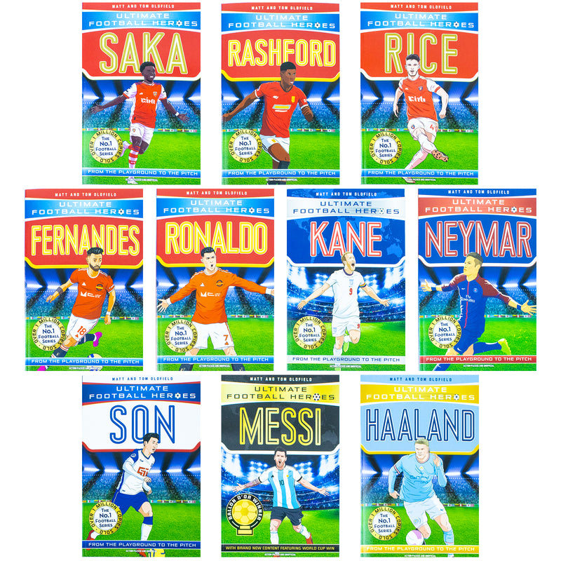 Ultimate Football Heroes Series 1 Collection 10 Books Set By Matt Oldfield, Tom Oldfield (Messi, Son , Neymar, Kane, Ronaldo, Fernandes, Rice, Rashford, Saka & Haaland)