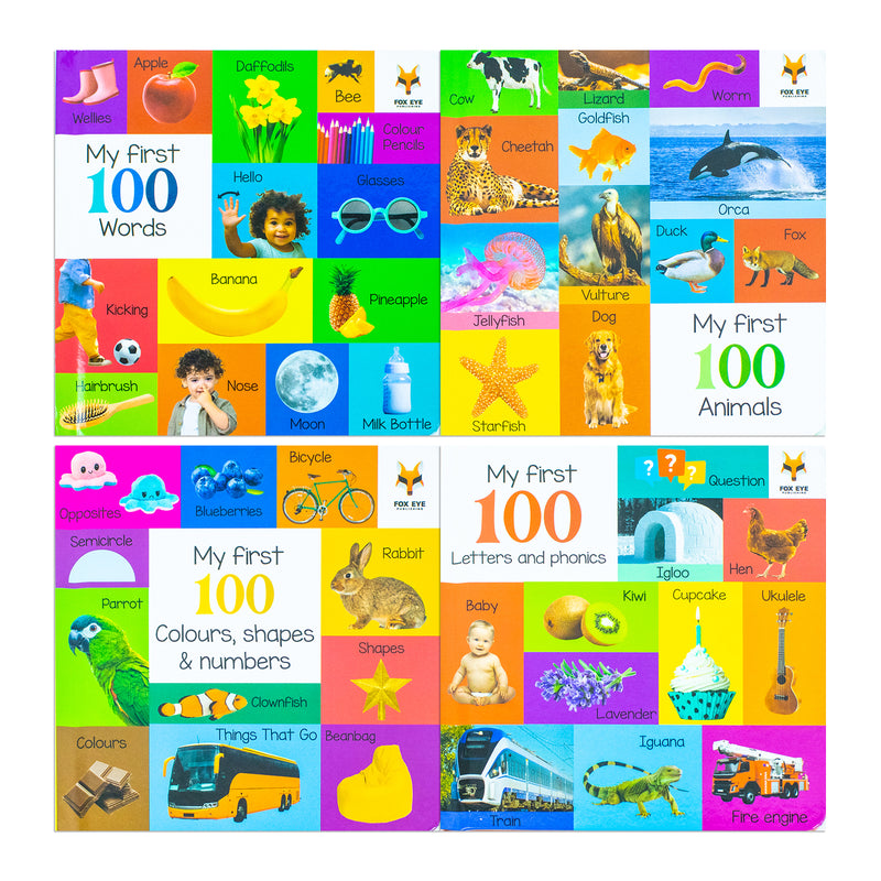 My First 100 Words Box Set 4 Board Books Collection Set(Words, Animals, Colours, Shapes and Numbers, Letters and Phonics)