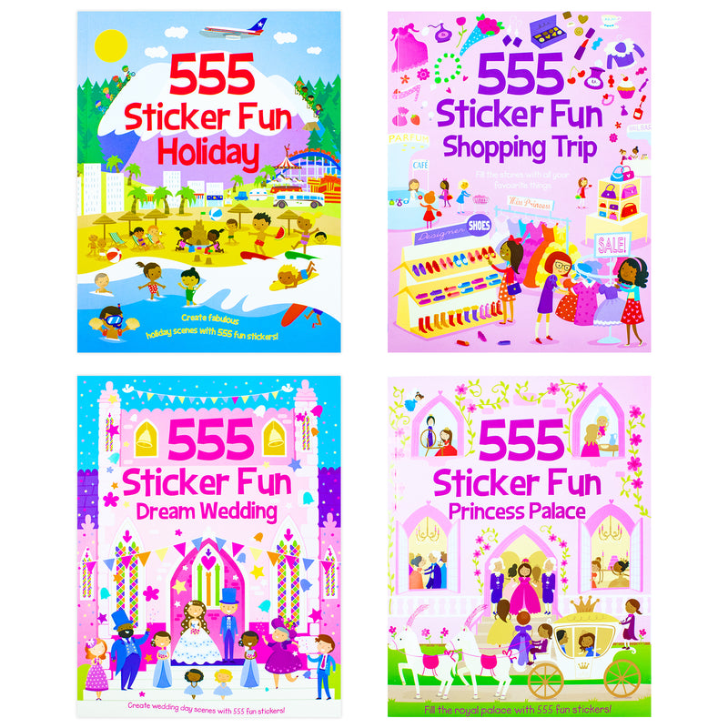 Sticker Dress Up 4 Activity Book Collection Set with Over 555 Fun Stickers Each, Explore Fashion Shopping, Holiday, Princess Palace & Wedding Themes