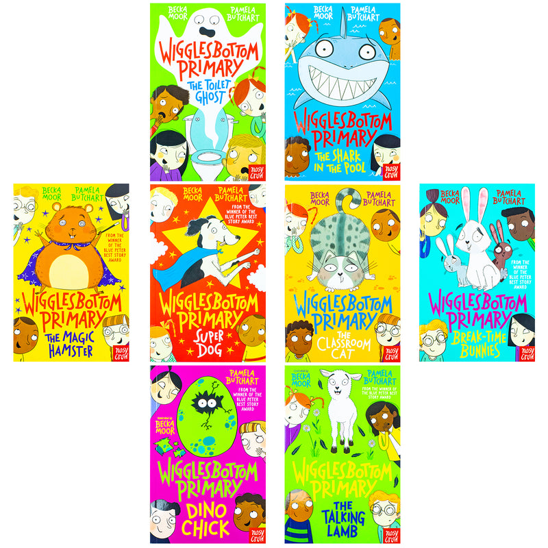 Wigglesbottom Primary Series 8 Books Collection Set By Pamela Butchart (The Toilet Ghost, Shark in the Pool, Magic Hamster, Super Dog, Classroom Cat, Break Time Bunnies, Dino Chick & Talking Lamb)