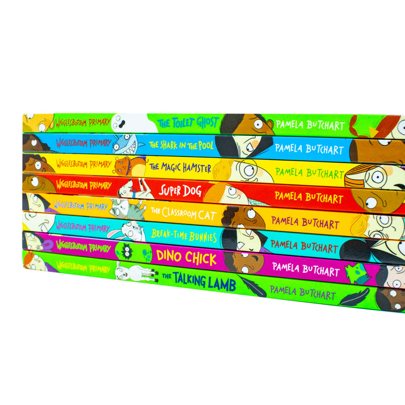 Wigglesbottom Primary Series 8 Books Collection Set By Pamela Butchart (The Toilet Ghost, Shark in the Pool, Magic Hamster, Super Dog, Classroom Cat, Break Time Bunnies, Dino Chick & Talking Lamb)