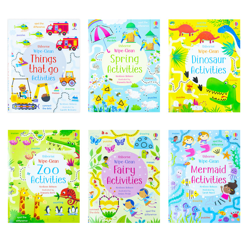 Usborne Wipe-Clean Activities 6-Book Collection by Kirsteen Robson – Fun & Educational Kids Set with Dinosaur, Mermaid, Fairy & More (+ Pen Included)