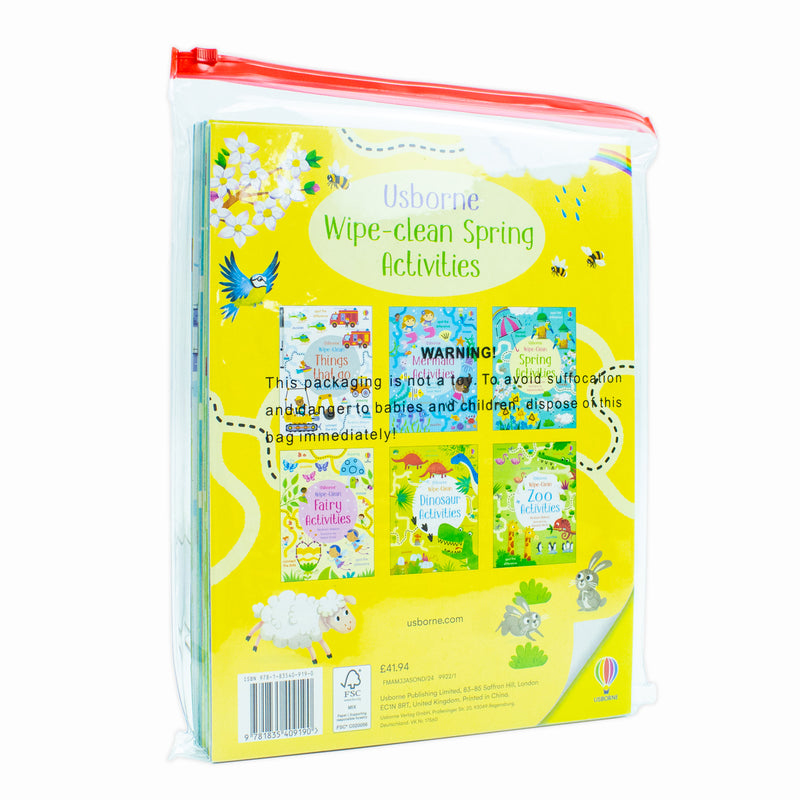 Usborne Wipe Clean Activities 6 Books Collection Set By Kirsteen Robson (1 Pen Included) (Dinosaur Activities, Zoo Activities, Things that Go Activities, Mermaid, Spring & Fairy Activities)