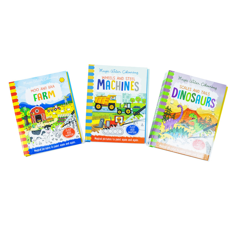 Magic Water Colouring Activity Collection 3 Book Set By Jenny Copper( Wheel & Steel Machines, Farm, Dinosaurs)